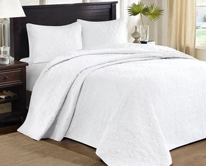 WHITE MATELASSE 3pc King / Cal King 120x118 BEDSPREAD XXL SET : QUILT MEDALLION - Picture 1 of 5