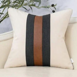 White Patchwork Throw Pillow Cover Luxury Burlap Cushion Cover Faux Leather P... - Picture 1 of 7