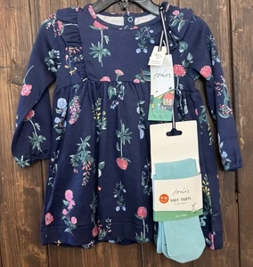 Joules 9-12 Months Floral dress & tights SET Organic Cotton Navy Blue NWT $49 - Picture 1 of 9