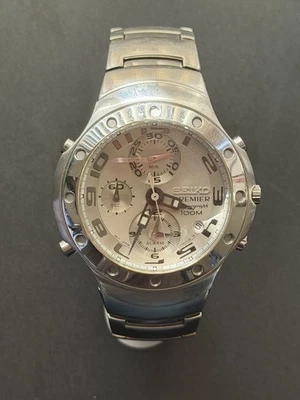 Винтажные мужские кварцевые наручные часы хронограф 41 мм Seiko 7t32-7H80 Premier сталь - Изображение 1 из 4