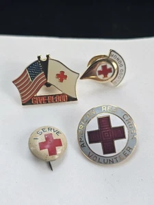 4p Lot Red Cross Pins WW2 Era Stick Donor Droplet Gold Tone Dual Flag Volunteer - Picture 1 of 21