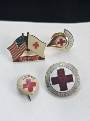 4p Lot Red Cross Pins WW2 Era Stick Donor Droplet Gold Tone Dual Flag Volunteer - Image 1 of 4