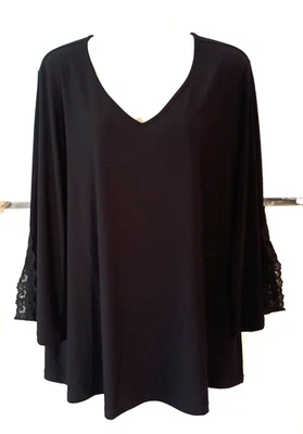 SUSAN GRAVER BLACK 3/4 LACE TRIM SLEEVE V-NECK LIQUID KNIT TUNIC TOP SIZE 2X - Image 1 of 4