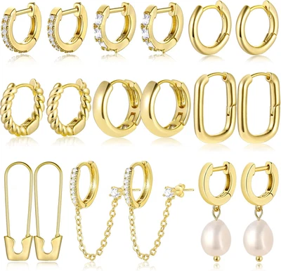 9 pares de aretes tipo argolla Huggie pequeños de oro para mujer, enchapados en oro de 14K ligeros C Foto 1 de 4