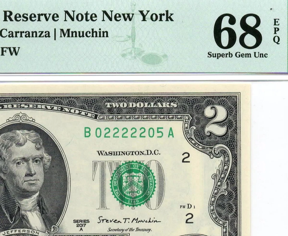 2017A $2 New York Fancy 02222205 Federal Reserve Note • 1941-B • PMG 68 EPQ - Image 1 of 3