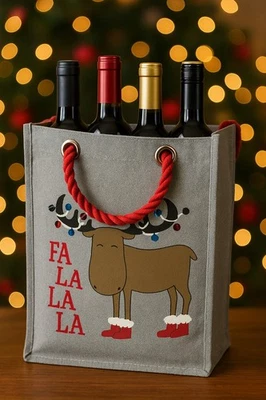 Bolso de Mano Holiday Moose 4 Botellas de Vino con Asas de Cuerda Roja - “Fa La La”... Foto 1 de 4