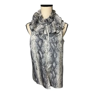 J Rundhalsausschnitt Rüschen Ausschnitt Button Down Shirt Seide Top Animal Print Größe 4. - Bild 1 von 6