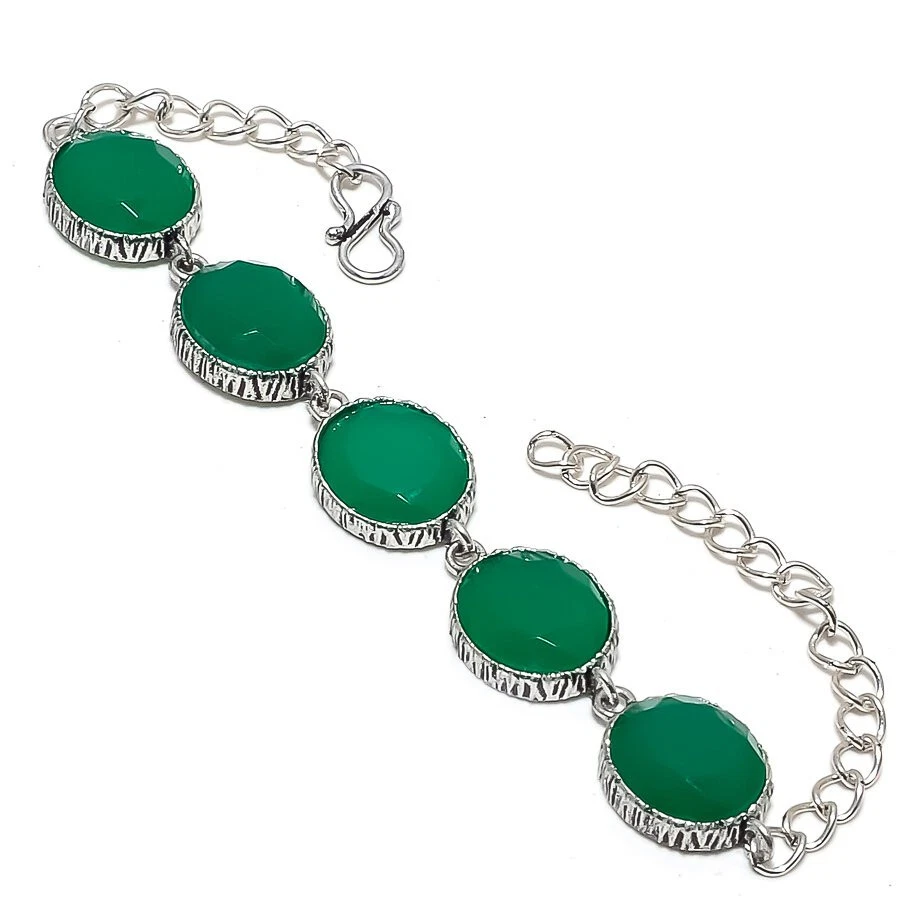 Brazalete de joyería enchapado en plata con piedras preciosas de ónix verde 7-8" Foto 1 de 1