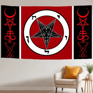Wall Printed Fabric Satanic Flag Inverted Pentagram Satan Goat Sigil Lucifer Art - Picture 1 of 8