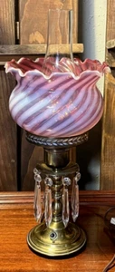 Victorian Fenton Cranberry Candy Swirl Electric E1185 Brass Lamp with Crystals - Picture 1 of 19