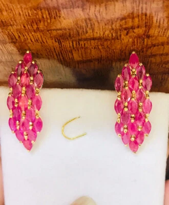 12K Solid Yellow Gold Omega Back Earring With Marquise Ruby 6.47GM - Image 1 of 4