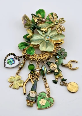 Broche prendedor KIRKS FOLLY Trébol Mágico Elfo Esmalte Verde 8 Dijes Cuelgantes Raro Foto 1 de 4