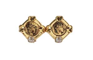 Vintage NINA RICCI Faux ROMAN Coin Gold Tone Crystal Clip On Earrings *NOS* - Picture 1 of 9