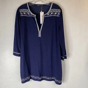 Urban Coco Womens XL Tunic Blouse Top Navy Embroidery 3/4 Sleeve Lightweight - Picture 1 of 7
