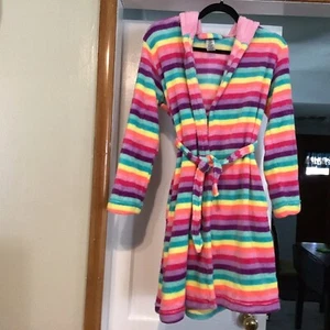 Girl’s Robe, Size Large, 10/12. Rainbow Colors, Unicorn Hood. Tie,Joe Boxer - Picture 1 of 10