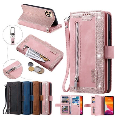 For iPhone 16 15 14 13 17 Pro Max 12 11 8 Leather Wallet Case Zipper Purse Strap - Image 1 of 4
