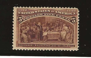 US Scott #234 mint never hinged 5c Chocolate Columbian Exposition 1893 og f/vf - Picture 1 of 2