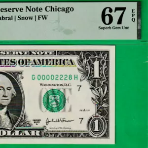 2003 A $1 Federal Reserve note Fancy LOW Serial Number 000002228 PMG 67 - Picture 1 of 3