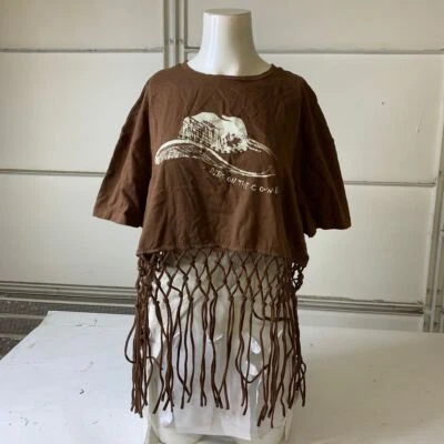 MISS ME LOS ANGELES Hat ShortSleeve  Fringe Graphic Tee Women's Size L Brown - Image 1 of 4