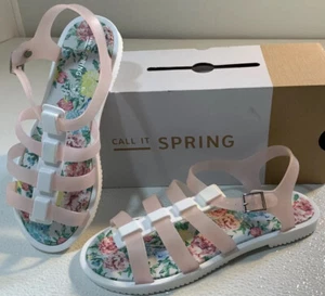 NEW CALL SPRING Womens 7.5 Pink White PVC Sandals Ankle Strap Flats Shoes 7 1/2 - Picture 1 of 8