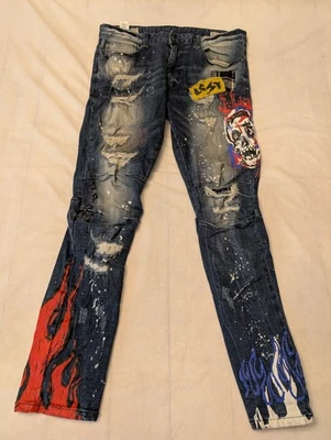 Pantalones de mezclilla Smoke Rise para hombre 36/30 desgastados Tatter graffiti pintura salpicaduras ácido desgarro Foto 1 de 4