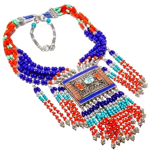 Lapis Lazuli & Turquoise 925 Sterling Silver Necklace 17.99" T72 - Picture 1 of 1
