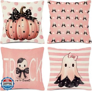 Halloween Kissenbezüge 20×20 4er Set, Geist Leinen Kissenhülle Kürbis Deko - Bild 1 von 5