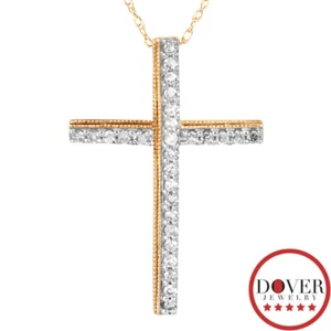 Estate Diamond 10K Gold Pave Textured Religious Cross Necklace NR - Picture 1 of 6