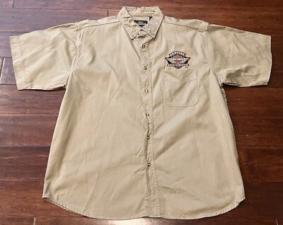 Harley Davidson Motorcycle Beige Mens XL Patched Logo Pocket Button Work Shirt - Image 1 of 4