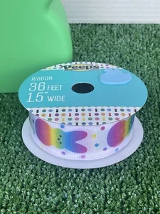 PEEPS Wired Easter Ribbon Bunnies 36' x 1 1/2" Wide Rainbow Bow Ribbon Wreath - Picture 1 of 2