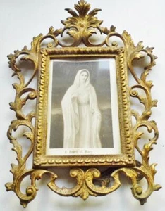 Antique Gilt Bronze Standing Picture Frame Open Work Sacred Heart Mary Religious - Picture 1 of 8