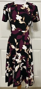 NWT Calvin Klein size 4 wine black floral short sleeve fit & flare dress $134 - Picture 1 of 9