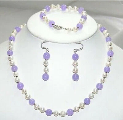 7-8 мм белый пресноводный жемчуг 8 мм лаванда нефрит ожерелье браслет серьги комплект - Изображение 1 из 3
