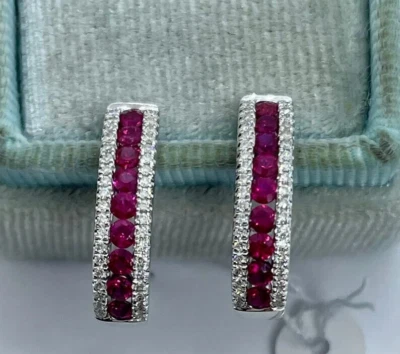 1.50Ct Round Cut Lab-Created Red Ruby Huggie Hoop Earrings 14K White Gold Plated - Image 1 of 4