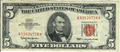 1963 5$ United States Note - Red Seal Right, KOG/CDD A59534718A - #13568 - Image 1 of 2