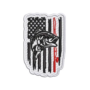 Distressed American Flag with Fishing Pole Patch Embroidered Iron-on Nature - Picture 1 of 12