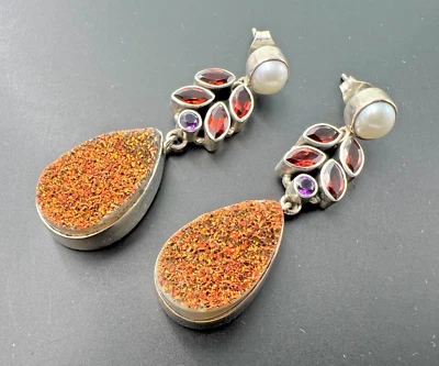 PENDIENTES COLGANTES NICKY MAYORDOMO PLATA ESTERLINA 925 NARANJA DRUZY GRANATE PERLA POSTE Foto 1 de 4