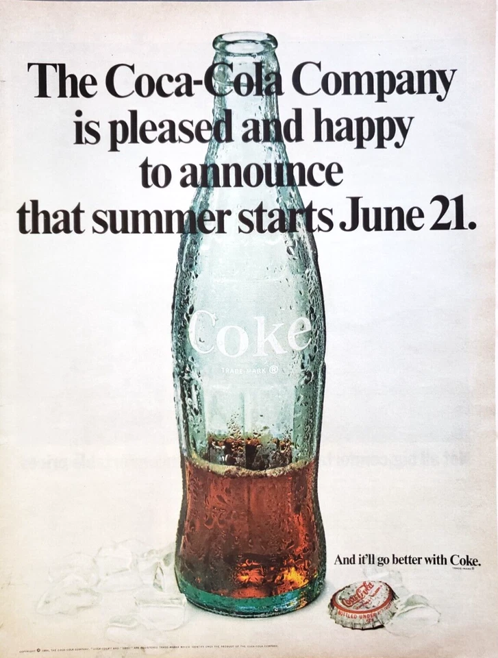 PRINT AD Coca Cola Glass Coke Bottle Mostly Empty 1969 10.5x13 Summer Ice - Image 1 of 1