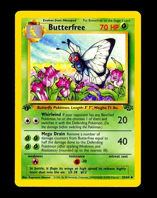 1999 Pokemon BUTTERFREE Jungle Set 1ST EDITION "d" ERROR Ink Misprint Card 33/64 - Image 1 of 3