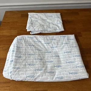 Tommy Hilfiger Whale Pattern 1 Twin Flat Sheet With 1 Pillowcase Set Nautical - Picture 1 of 8