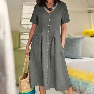 Women Cotton Linen V-Neck Button Down Midi Dress Summer Casual Loose Sundress L - Picture 1 of 1