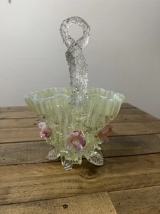 Antike VASE Korb Vaseline leuchtet Pudding appliziertes Kunstglas - Bild 1 von 19