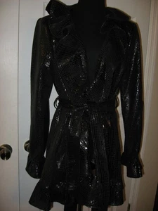 Peter Nygard, Coat ,Black Reptile,Satin lined,Self tie,Pockets,Ruffle,12 - Picture 1 of 13