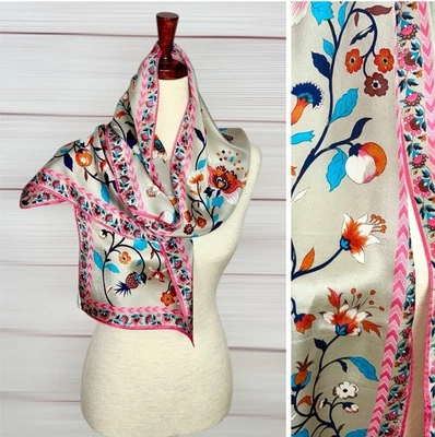 Vintage Silk Oblong Scarf XIIX Karat Light Floral Gray & Pink  Hand Rolled Japan - Image 1 of 4