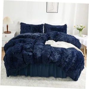 Fluffy Duvet Cover Twin Size, Navy Blue Plush Shaggy Faux Fur Comforter Cover - Picture 1 of 7