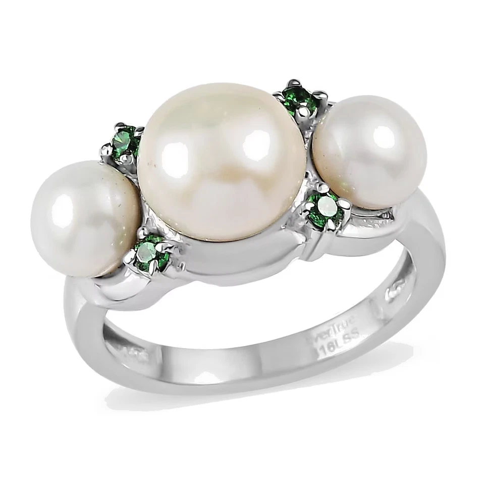 EverTrue 3 淡水珍珠和 6 绿色 CZ 戒指-316L 不锈钢 9 码全新 — 第 1/4 张图片