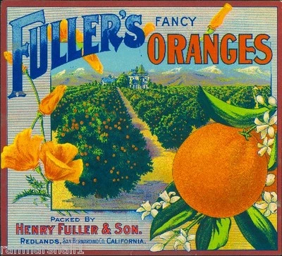 Redlands San Bernardino Fuller's Fancy #2 Orange Citrus Fruit Crate Label Print