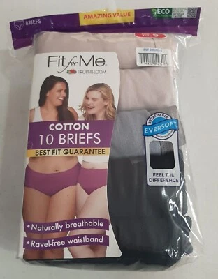 Pacote com 10 cuecas femininas Fruit of the Loom Fit for Me de algodão tamanhos 9,10,11 NOVAS - Imagem 1 de 4