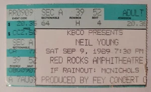 Talón de boleto Neil Young 9/09/1989 Red Rocks Colorado KBCO - Imagen 1 de 2