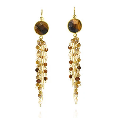 Enchanted Brown Tigers Eye Stone and Crystal Chain Tassel Dangle Earrings - Image 1 of 4